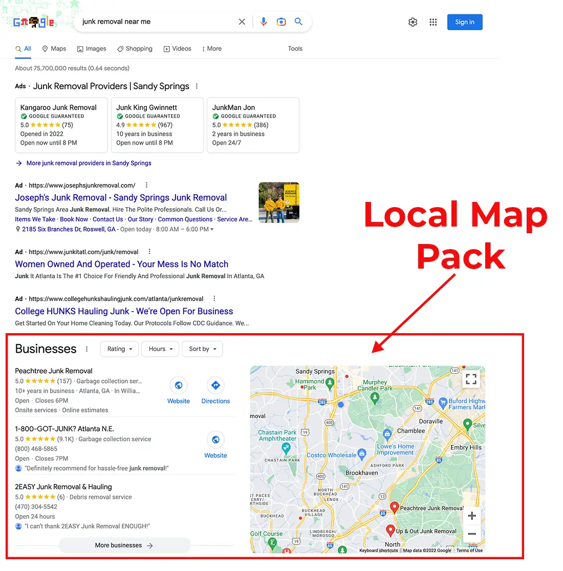 Screenshot of the first page of search results that shows Google's Local Map Pack